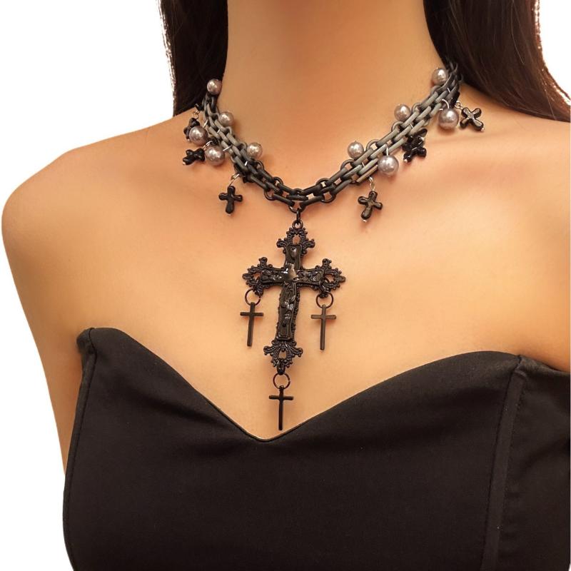 ネックレス レディース 欧米風 ダーク 十字架 ゴシック 個性的 存在感 重厚感 鎖骨チョーカー ビーズ バラ 薔薇 モード ストリート 合金製