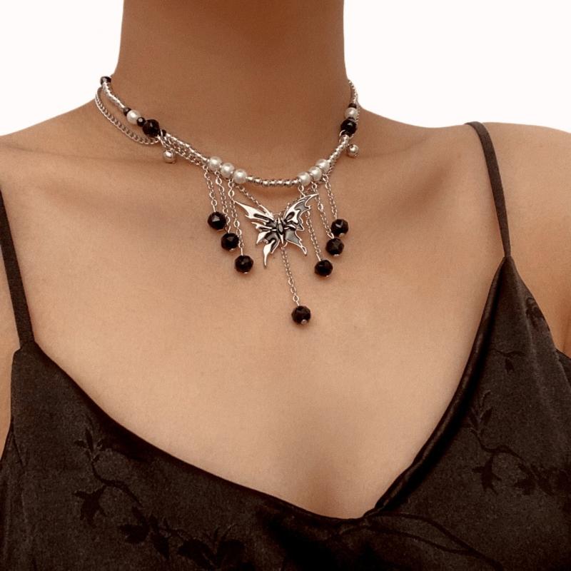 ネックレス レディース ブラック 蝶 バタフライ タッセル フリンジ チョーカー ペンダント 合金製 小衆 スウィートクール 個性的 高級感 普段使い ファッションアクセサリー