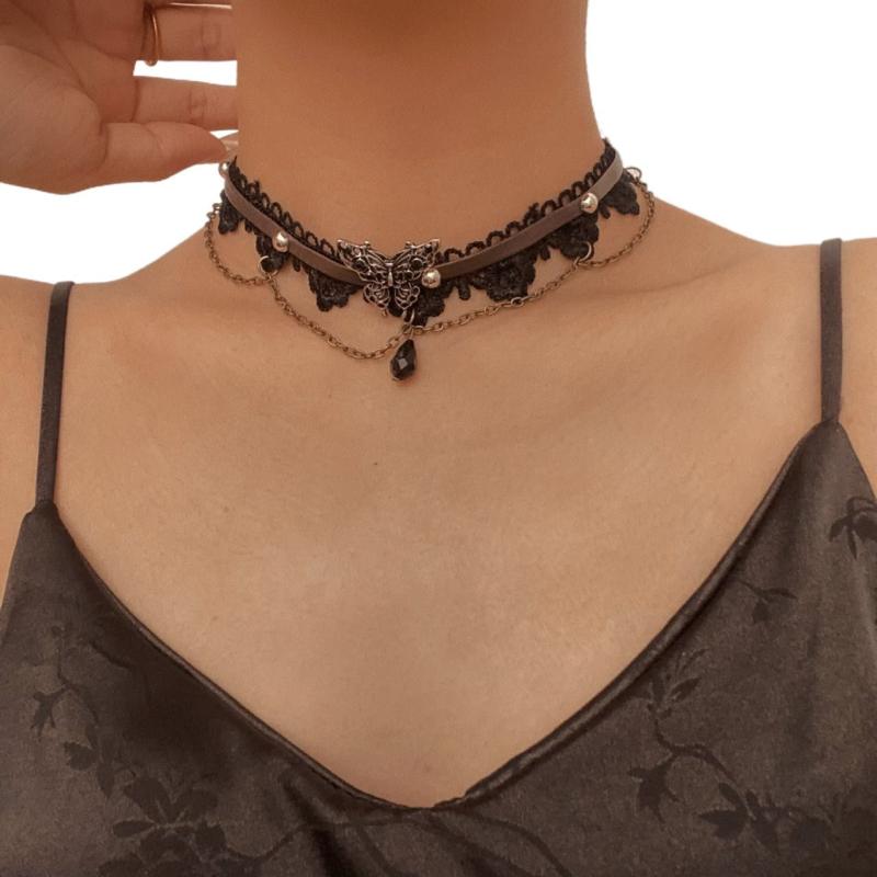 ネックレス レディース 女性用 欧米風 蝶 バタフライ レース チョーカー 首飾り 鎖骨ネックレス ゴシック ダーク系 高級感 合金製 アクセサリー 普段使い お呼ばれ パーティー