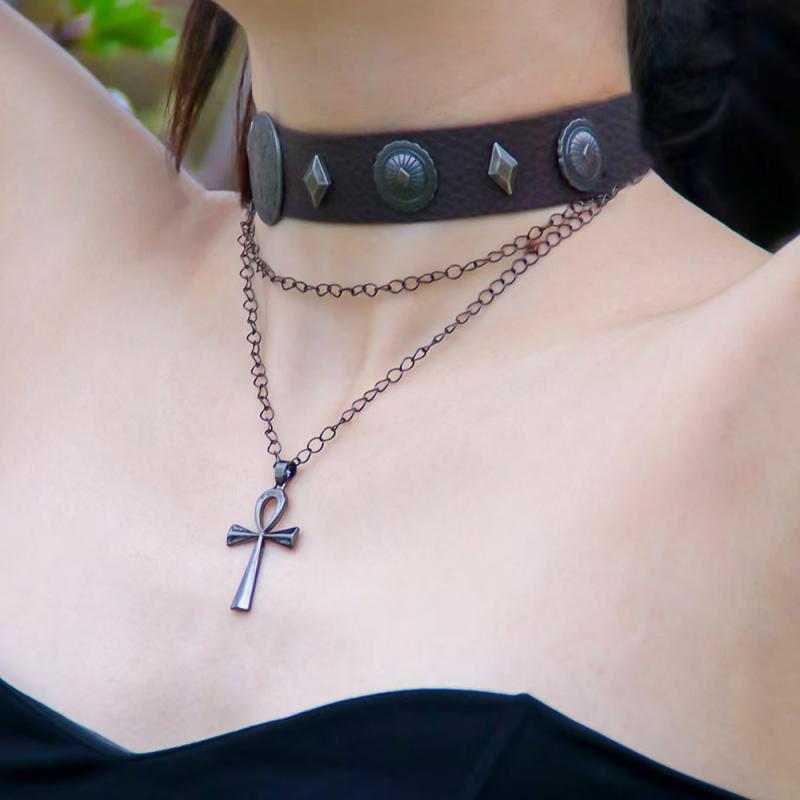 チョーカー レディース ミラードブラウン レザー 革製 レトロ ヴィンテージ風 ダブル クロス 十字架 ス..