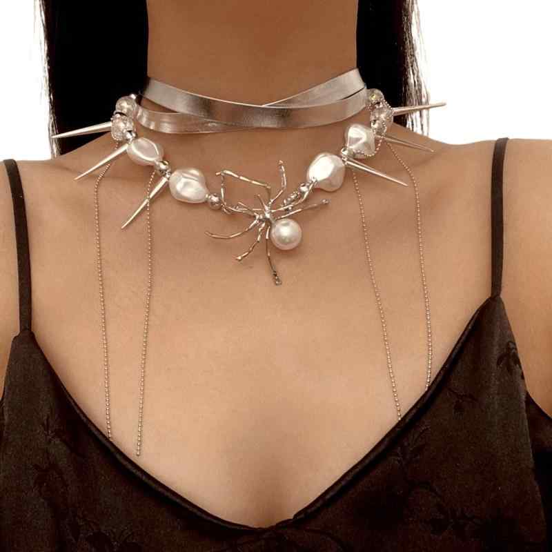 ネックレス レディース シルバー レザー スパイダー タッセル チョーカー Y2K サブカルチャー 個性派 ユニーク トレンド ファッション アニマルモチーフ カジュアル ストリート アクセサリー 上品