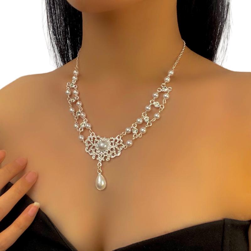 ネックレス レディース パール ラインストーン ペンダント ドロップ型 透かし細工 ヴィンテージ風 レトロ ファッション 鎖骨ネックレス 高級感 エレガント 上品 万能 カジュアル 合金製 女性用