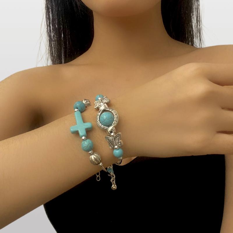 ブレスレット レディース ターコイズ 蝶 バタフライ ビーズ 合金 電気メッキ加工 レトロ ボヘミアン風 個性的 シンプル 十字架 幾何学モチーフ 普段使い カジュアル 万能
