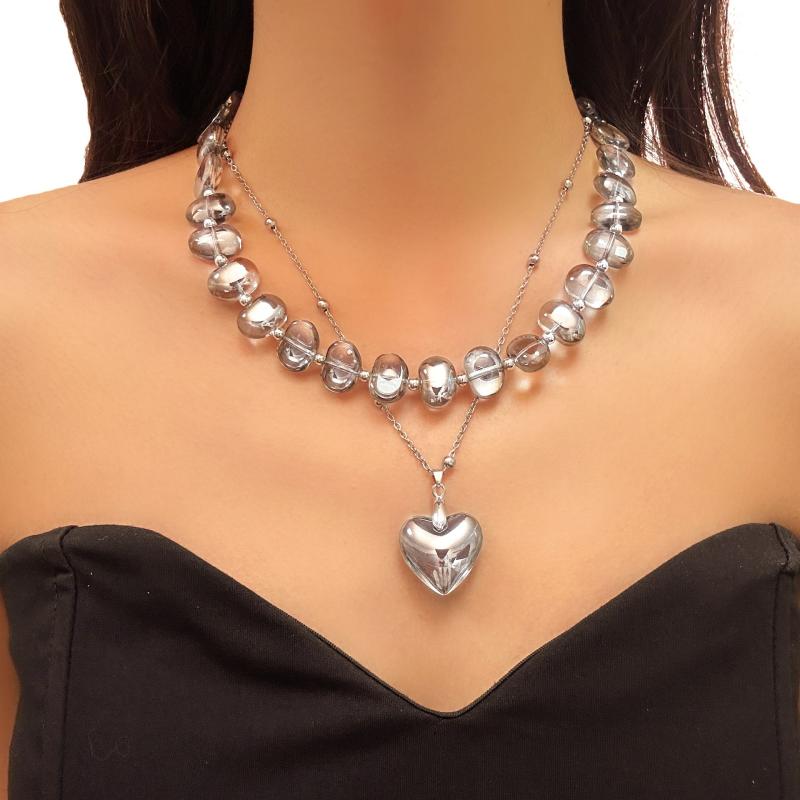 ネックレス レディース 欧米風 レトロ 個性的 ビーズ 不揃い グレークリスタル 透明感 鎖骨丈 ペンダン..