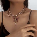 ネックレス レディース 欧米風 ダブル 二層 模造パール 紫 パープル 蝶 バタフライ ドロップ 雫型 ペンダント 個性的 おしゃれ 合金 普段使い チョーカー