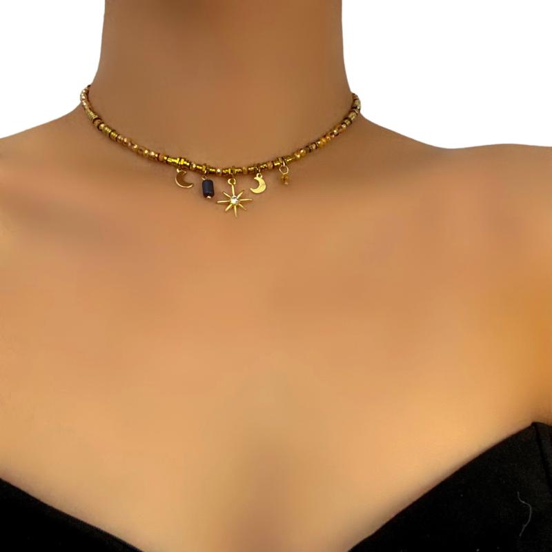 ネックレス レディース 欧米風 レトロ 高級感 星 月 太陽 モチーフ 石 ビーズ 銅製 電気メッキ加工 鎖..