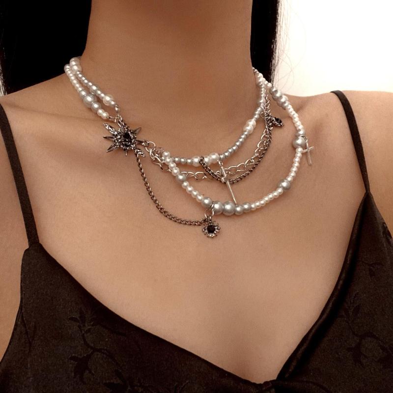 ネックレス レディース ジルコニア スター 十字架 パール 多層 レイヤード 鎖骨チェーン 上品 エレガント 個性的 合金 電気メッキ加工 ショートネックレス