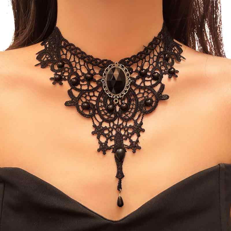 チョーカー レディース レース 付け襟風 重ね付け風 ハンドメイド ブラック 樹脂 合金 タッセル 個性的 上品 エレガント 高級感 普段使い 春夏