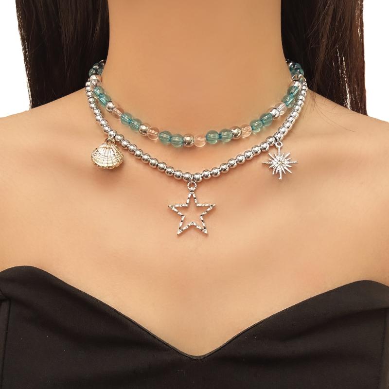 ネックレス レディース 女性用 春夏 欧米風 甘辛ミックス 上品 高級感 星 スター 貝殻 シェル 二連 ダブル ビーズ ショート 鎖骨丈 トレンド インスタ映え おしゃれ 個性的 合金 電気メッキ加工