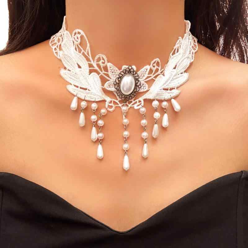 ネックレス チョーカー レディース 欧米風 上品 エレガント 個性的 シンプル レース フェイクパール モ..