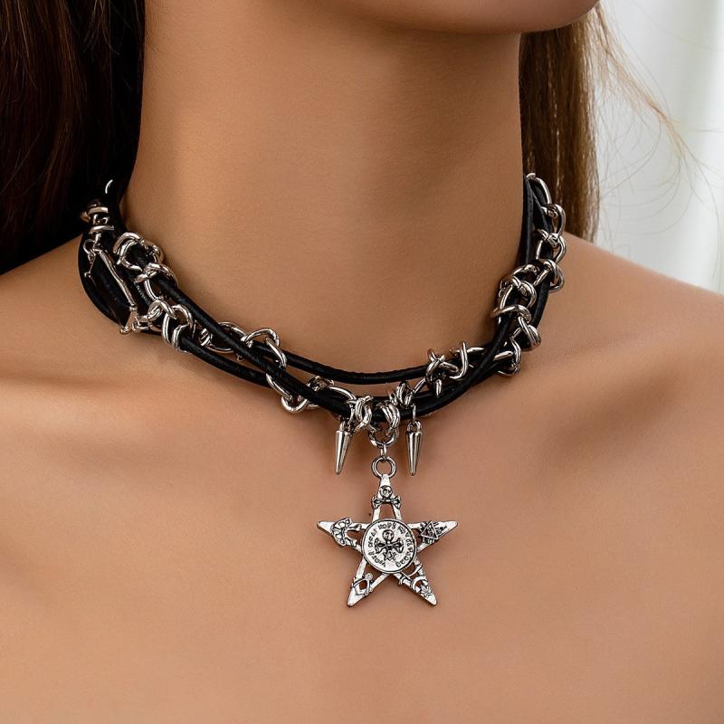 ネックレス レディース 欧米風 おしゃれ 星 スター ペンダント スタッズ レザー レイヤード チョーカー 個性的 性 合金 電気メッキ加工