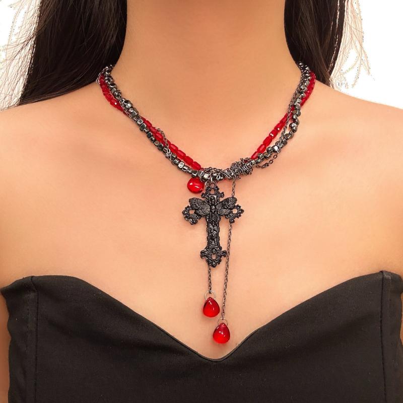 ネックレス ユニセックス ゴシック ダーク ロック パンク 十字架 クロス ペンダント 幾何学 ブラック ..