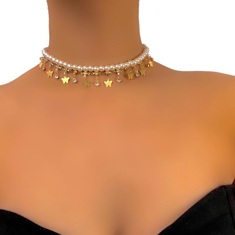 ネックレス レディース 欧米スタイル バタフライ 蝶々 パール パール シンプル エレガント 高見え 個性的 チョーカー 銅合金 電気メッキ加工 首飾り デイリーユース パーティー アクセサリー