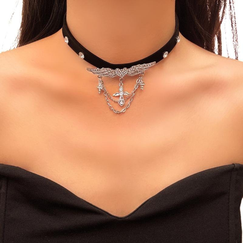 ネックレス レディース レザー ジルコニア 天使の羽 タッセル チョーカー 欧米風 高級感 上品 エレガント 個性的 合金 電気メッキ デコルテアクセサリー