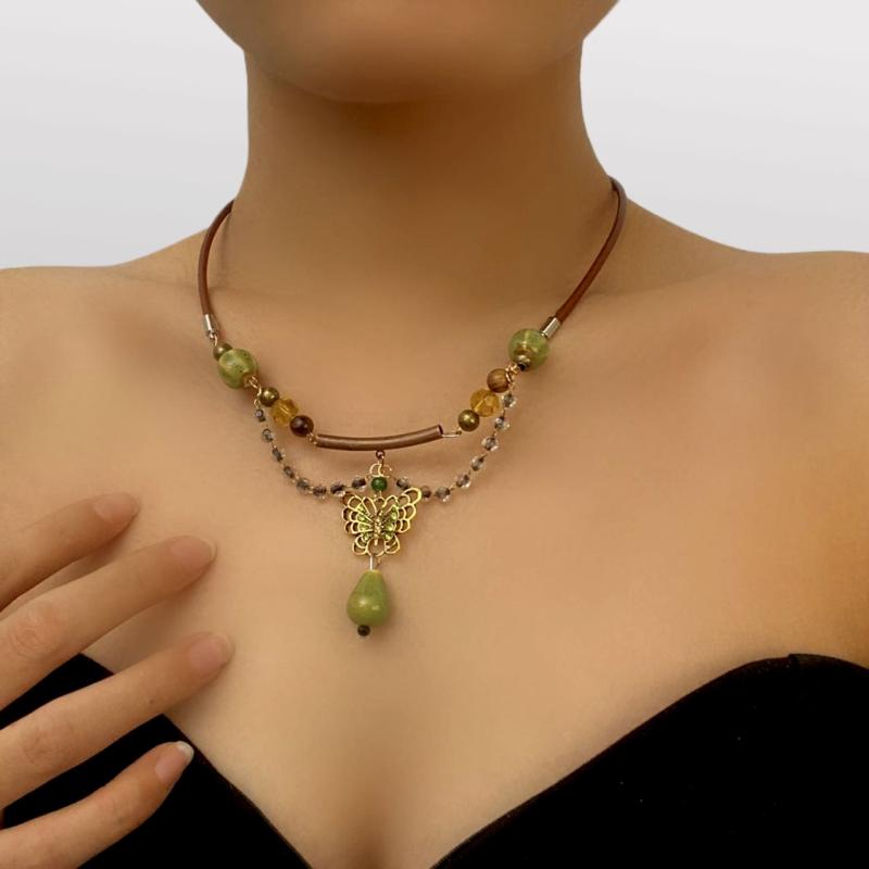 ネックレス レディース 女性用 欧米風 アクセサリー ジルコニア 緑 バタフライ 蝶 しずく ドロップ ペンダント チョーカー レトロ ヴィンテージ風 個性派 高級感 ライトラグジュアリー 電気メッキ 油絵風