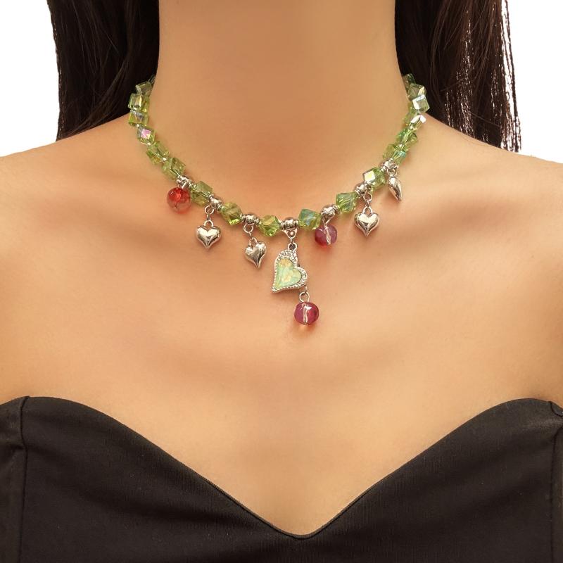 ネックレス レディース 春夏 上品 エレガント ミントグリーンクリスタル ハート タッセル 高級感 鎖骨チェーン 合金製 電気メッキ オフィス カジュアル