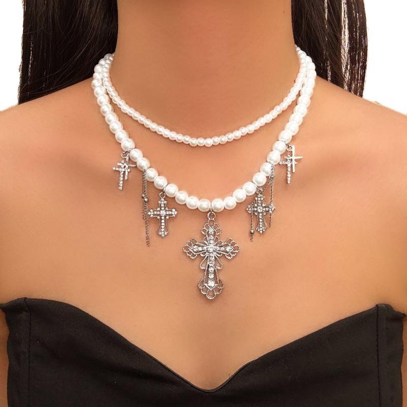 ネックレス レディース 欧米風 ゴシック 二重パール 十字架 チョーカー ショート丈 個性的 鎖骨飾り 首飾り 合金製