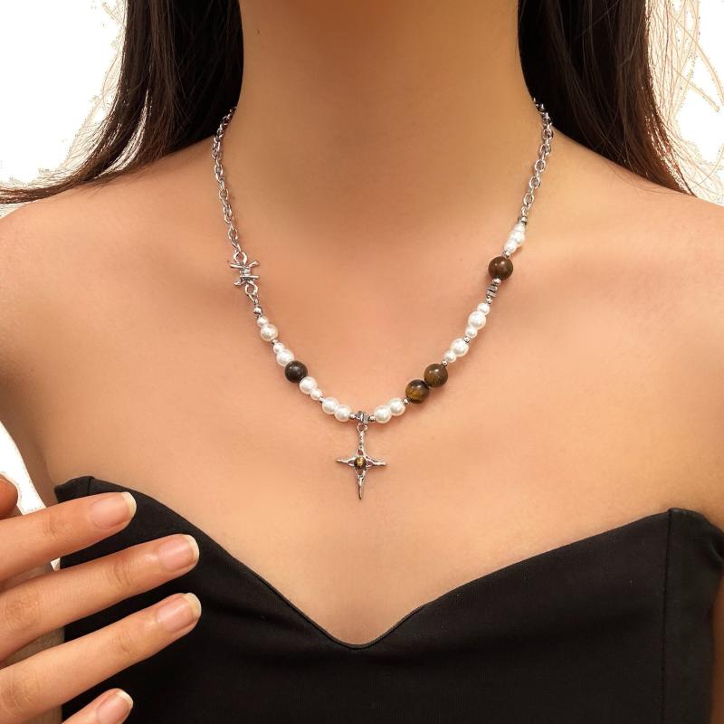 ネックレス レディース 欧米風 パール キャッツアイ クロス ペンダント ショートネックレス 切り替え 高級感 高見え 個性的 普段使い お出かけ 合金製 電気メッキ加工