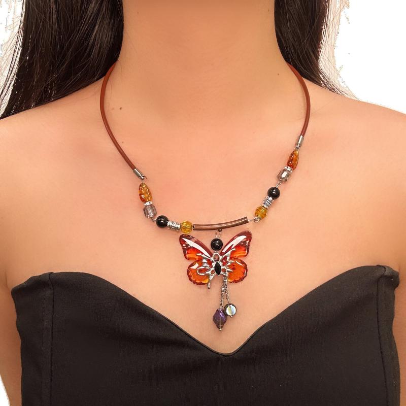 ネックレス レディース 男女兼用 レトロ ヴィンテージ風カラー 蝶 パンク サブカルチャー Y2K チョーカー 鎖骨チェーン 人工水晶 合金製 電気メッキ加工 春夏 普段使い ストリート系 カジュアル