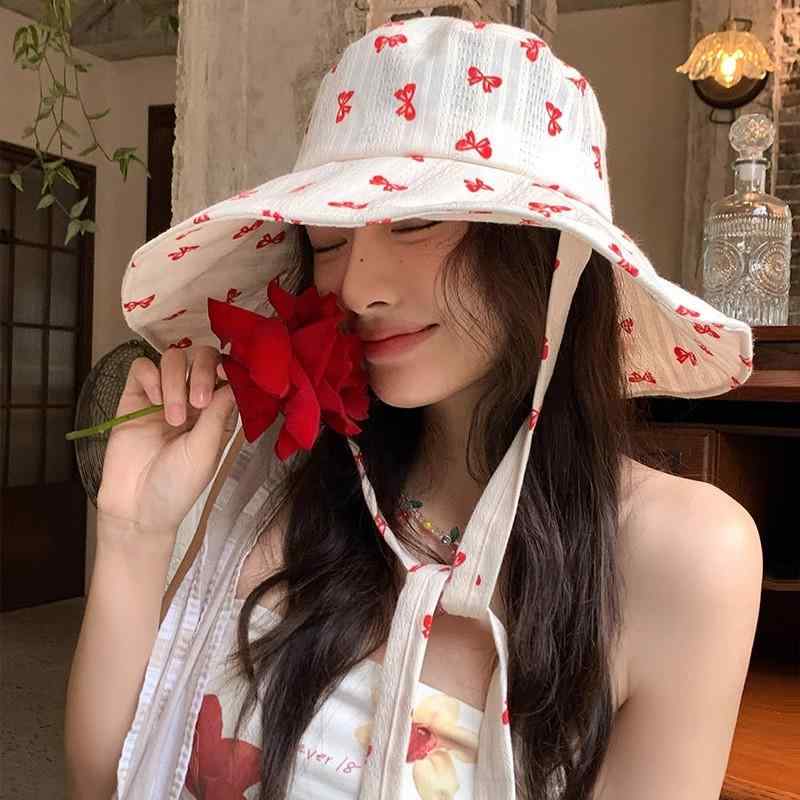 ハット レディース リボン付き つば広 バケットハット 春夏 綿 UVカット 日よけ 日焼け防止 小顔効果 通気性 アウトドア レジャー 旅行 お出かけ 韓国 おしゃれ(4)