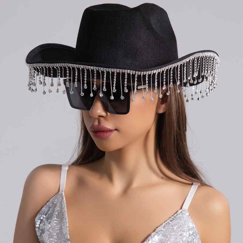 ハット レディース 中折れハット フリンジ タッセル ラインストーンチェーン飾り パーティー イベント ..