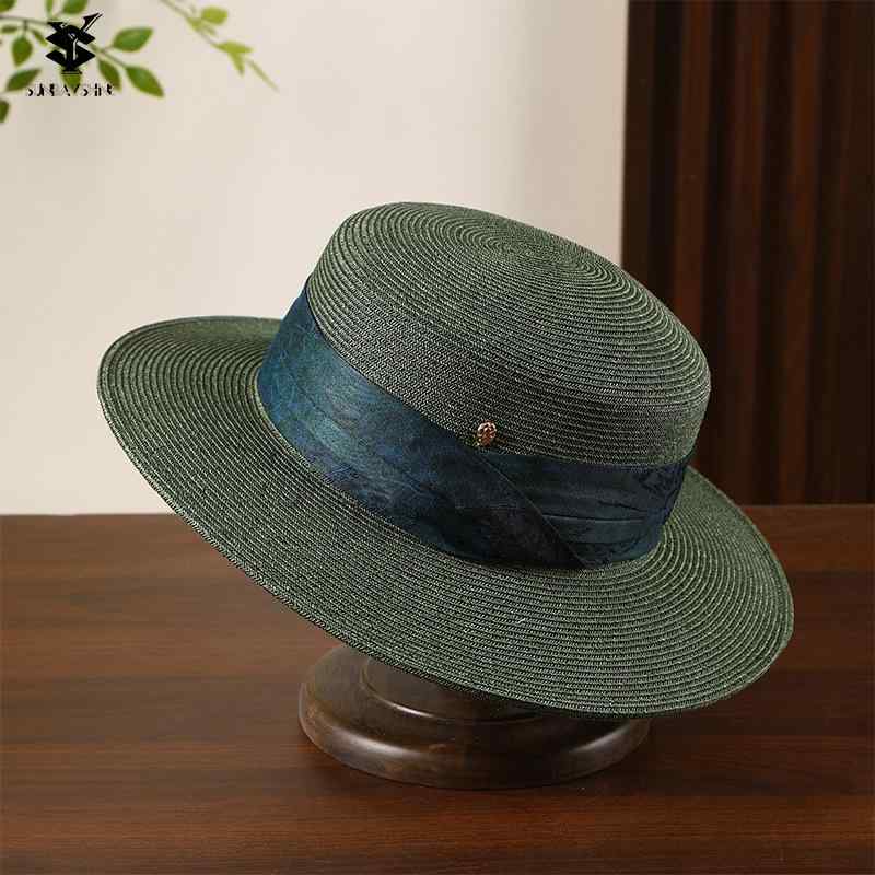 麦わら帽子 レディース 新中国風 レトロ 民族風 ジャカード織り 絞り染め 織りリボン 平天帽 広つば エ..