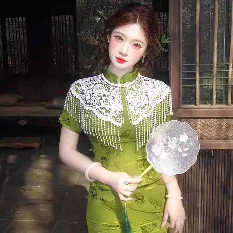 ショール レディース 新中国風 雲肩 パール フリンジ ケープ チャイナドレス 漢服 レトロ レース 豪華..