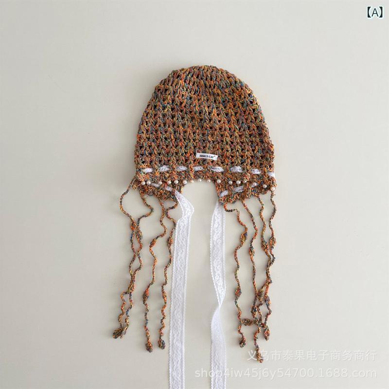 ニット帽 レディース ハンドメイド かぎ針編み 透かし編み エスニック フリンジ タッセル ビーズ装飾 ..