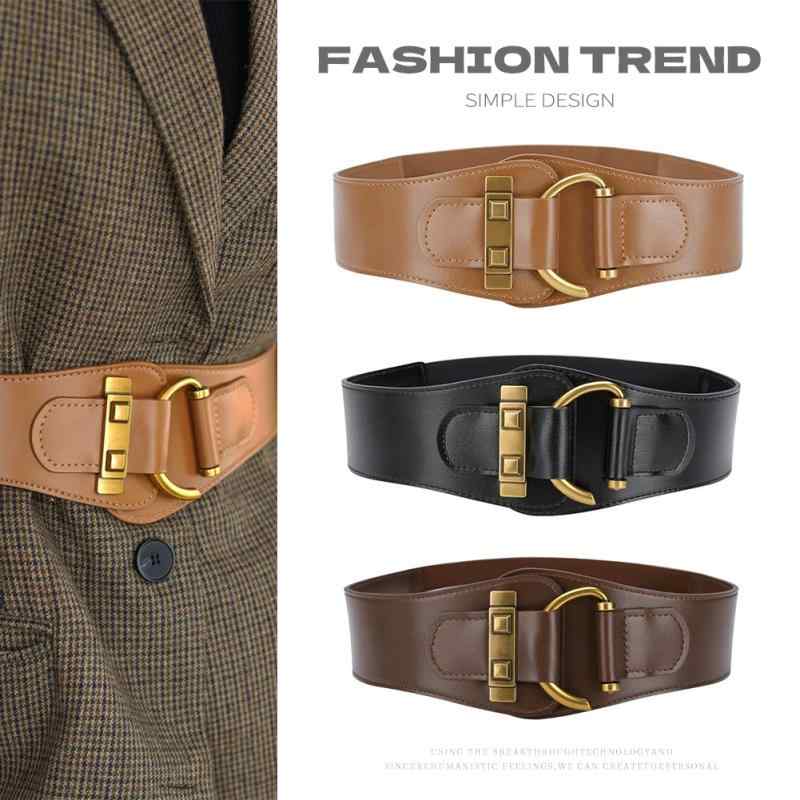 ウエストベルト レディース レトロ風 コルセットベルト 幅広 ウエストマーク ゴム 伸縮性 牛革 フック..