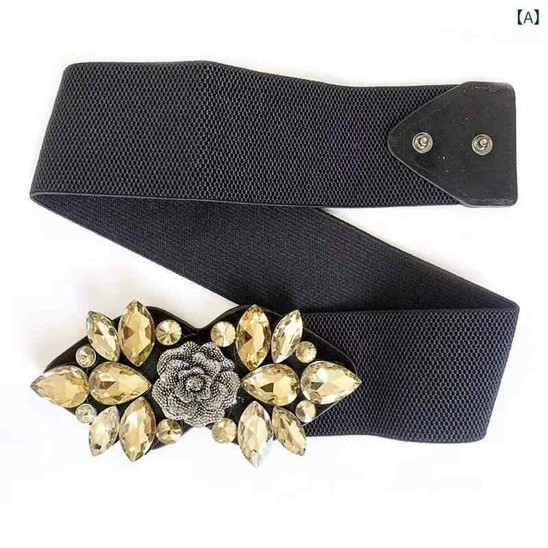 ベルト レディース 女性用 ラインストーン クリスタルビーズ ゴムベルト 伸縮性 幅広 ウエストマーク ウエストシェイプ スカート コート ワンピース ドレス パーティー フォーマル レトロ エレガント