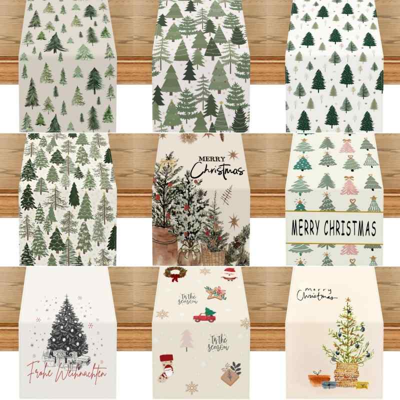 テーブルランナー クリスマス グリーン 緑 クリスマスツリー柄 麻素材 アメリカンスタイル ダイニング..