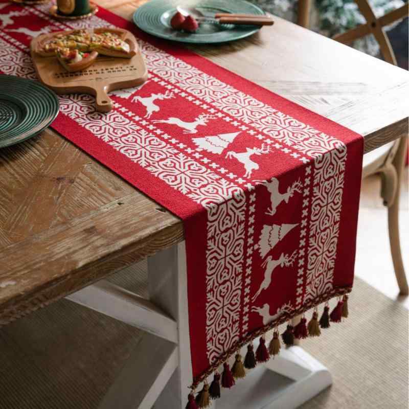 テーブルランナー クリスマス ホリデー パーティー デコレーション おしゃれ ムード 高級感 タッセル 先染め ジャカード織り アメリカンレトロ ヴィンテージ風 リビング ダイニング 混紡 綿 ポリエステル