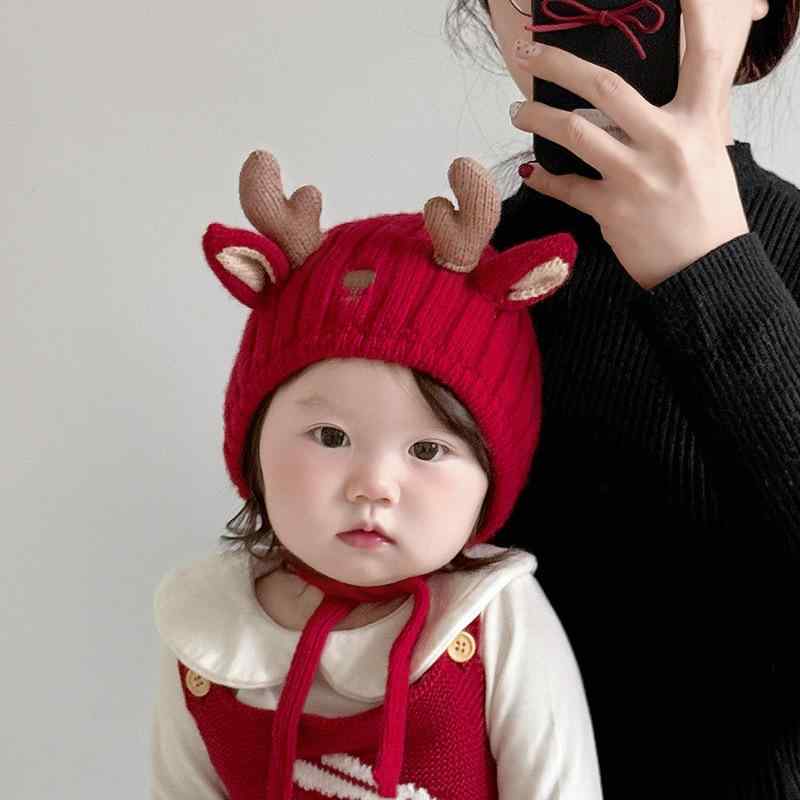 ニット帽 ベビー キッズ 子供用 韓国 かわいい 鹿の角 トナカイ 耳あて付き 厚手 保温 防寒 冬用 ふわ..