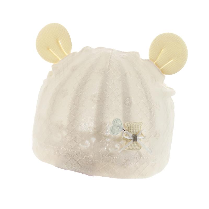 ベビー帽子 新生児 幼児 赤ちゃん 春夏 薄手 通気性 かわいい おしゃれ くま柄 イエロー ピンク ブルー アイボリー お出かけ 普段使い シームレス 綿 コットン つばなし 吸湿速乾