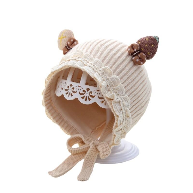 ニット帽 ベビー 女の子 赤ちゃん アクリル イチゴ レース柄 耳あて付き 防寒 保温 秋冬 おしゃれ スイート プリンセス フェミニン かわいい
