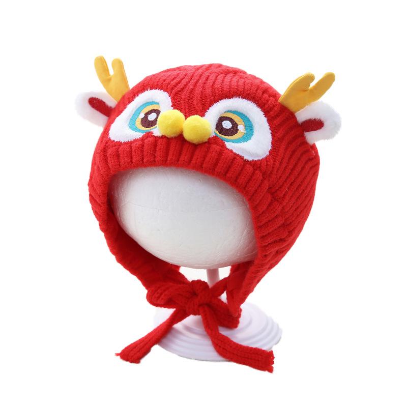 ニット帽 ベビー 赤ちゃん 冬 防寒 保温 防風 レッド 赤 獅子舞 福文字 中国結び 中華風 お祝い 新年 ..