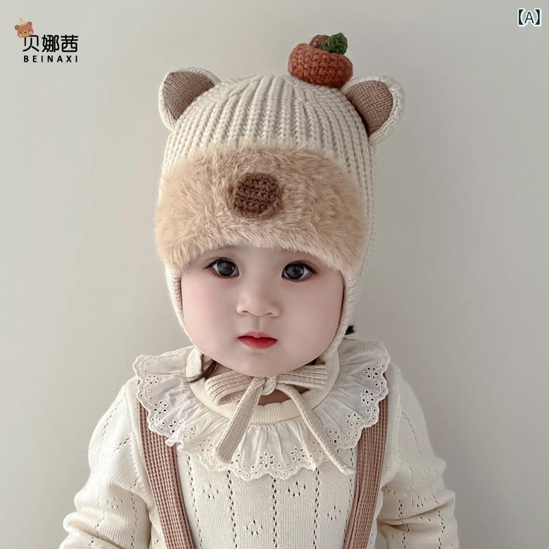 ニット帽 ベビー 子供用 キッズ 乳幼児 低月齢 秋冬 冬 柿モチーフ 耳当て付き かわいい 防寒 保温 防..