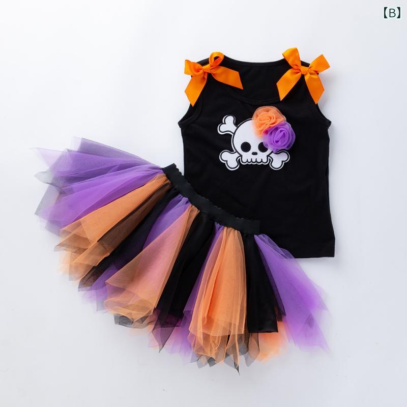 子供服 女の子 ハロウィン ノースリーブ ベスト スカートセット 上下セット カラフル ハンドメイド風 衣装 仮装 綿 コットン Aライン 3
