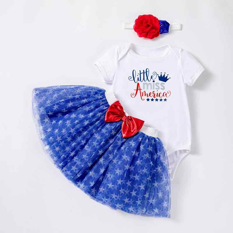 ベビー服 女の子 欧米風 ロンパース スカート スリーピース セット 星柄 スタープリント リボン ブルー 青 半袖 ポリエステル 春夏 普段使い お出かけ かわいい トレンド