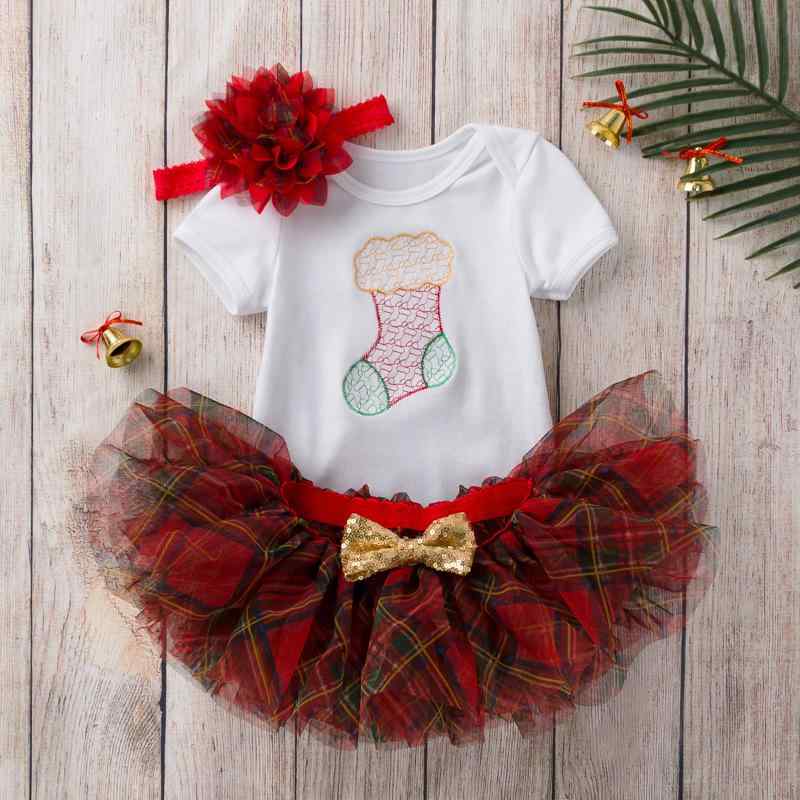 ベビー服 女の子 ベビー クリスマス 刺繍 キャラクター かわいい 半袖 ロンパース カバーオール チュールスカート ヘアアクセサリー ヘアバンド 赤 レッド 綿 コットン プリンセス お出かけ 普段使い パーティー 春夏 3点セット