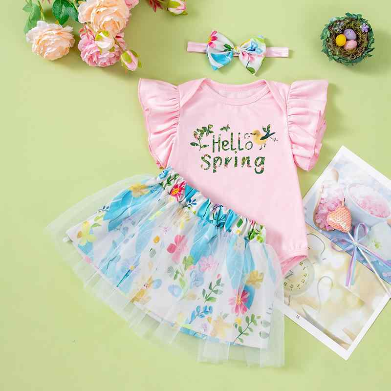 ベビー服 女の子 女の子 春夏 かわいい ロンパース フリル袖 スカート ヘアバンド 3点セット 上質 柔らか素材 再生繊維 ポリエステル 接触冷感 アニマル柄 アルファベット柄 ピンク ブルー 普段使い カジュアル