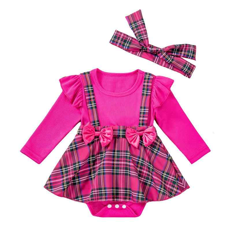 ロンパース 女の子 ベビー 女の子 カバーオール スカート付き 長袖 綿 コットン チェック柄 ヘアバンド 2点セット セットアップ ローズピンク 春夏 普段着 お出かけ