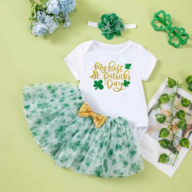ベビー服 女の子 聖パトリックの祝日 半袖 ロンパース リボン チュールスカート ヘッドバンド 3点セット 綿 おしゃれ かわいい イベント お祝い 海外風