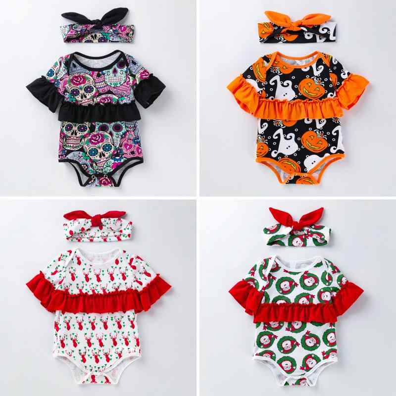 ・等級: Aクラス・主な素材: 綿95%・対象年齢: 新生児（0〜1歳、身長80cm以下）・性別: 女の子向け・袖丈: 半袖・開閉タイプ: プルオーバー・スタイル: カジュアル・形状: ショートロンパース・カラー展開: パープルスカル、オレンジパンプキン、鹿、サンタクロース、イースター柄、恐竜、迷彩、ブラックゴールドドット、ピンクゴールドドット・サイズ展開: S (身長59cm/0-3ヶ月）、M (身長66cm/3-6ヶ月）、L (身長73cm/6-12ヶ月）、XL (身長80cm/12-24ヶ月）・カテゴリ: ロンパース、カバーオール