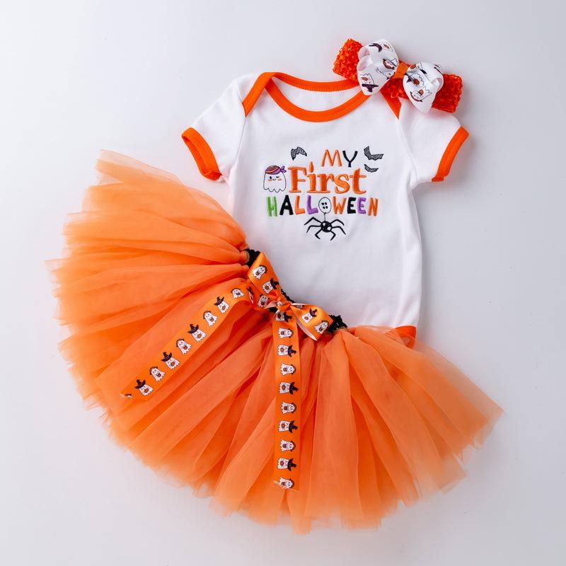 ベビー服 女の子 欧米風 ハロウィン イベント 記念日 半袖 ロンパース カバーオール スカート 魔女の帽子 カボチャ 刺繍 3点セット 綿 コットン やわらか 春夏秋