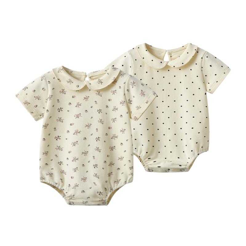 新生児ロンパース 女の子 カバーオール 半袖 丸襟 小花柄 薄手 綿 コットン 通気性 吸湿速乾 スナップボタン付き 普段使い お出かけ 韓国 快適着心地 夏服
