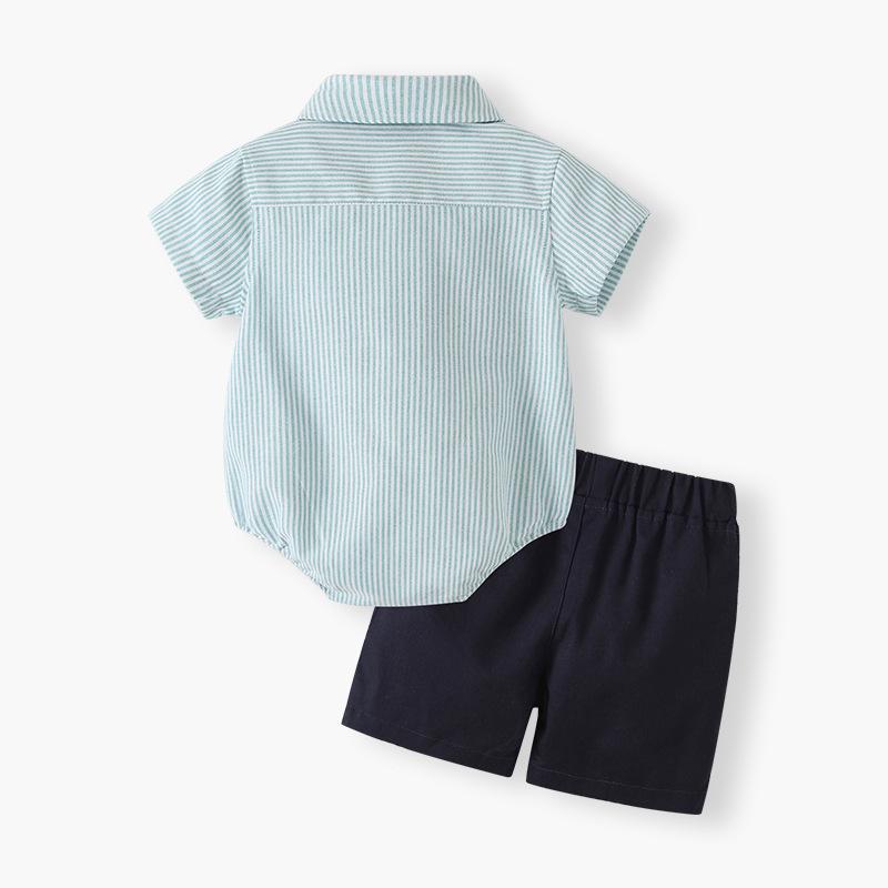 ベビー服 男の子 ボディスーツ 半袖 ストライプ ボーダー 蝶ネクタイ付き ショートパンツ ハーフパンツ 2点セット セットアップ 紳士風 おしゃれ かわいい 韓国 欧米風 夏物 綿 コットン 0歳 1歳 幼児向け カジュアル