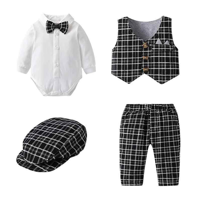 ベビー 男の子 フォーマルスーツ 4点セット ジャケット ベスト ロンパース 長ズボン 蝶ネクタイ 春秋冬 お宮参り 1歳誕生日 結婚式 記念撮影 セレモニー 紳士風 おしゃれ かわいい チェック柄 コットン 綿 ホワイト 股下スナップ