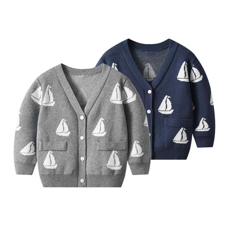 カーディガン ベビー 男の子 Vネック 帆船柄 かわいい 綿 コットン 長袖 ニット ソフトタッチ 韓国 カジュアル 前開き 普段使い お出かけ グレー ネイビー 春秋冬