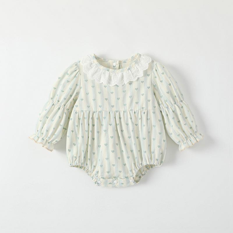 ロンパース ベビー 新生児 女の子 赤ちゃん 乳児 綿 長袖 丸襟 ドールカラー ライトグリーン アボカド..